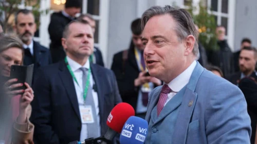 Belgian Prime Minister-designate Bart De Wever speaks to reporters before an informal E.U. leaders' retreat at Egmont Palace in Brussels on Feb. 3, 2025. Photo by Thierry Monasse/Getty Images.