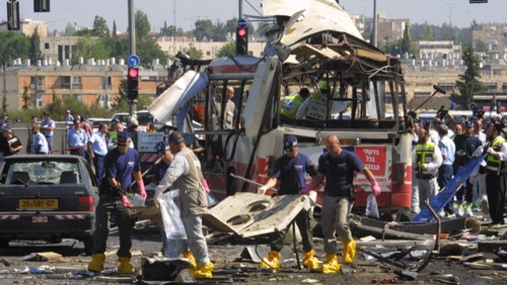 Paramedics and police at the scene of a Palestinian suicide bombing, killing 19 and injuring 74, on a bus in Jerusalem on June 18, 2002. Photo by Flash90.