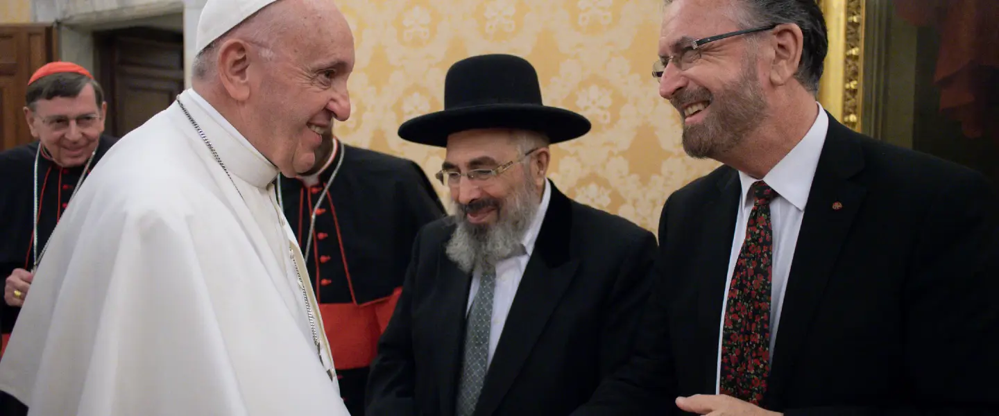 Rabbi David Rosen (far left) during a private audience with Pope Francis during the 16th Meeting of the Joint Commission of the Chief Rabbinate of Israel and the Holy See at the Vatican, November 2018. Credit: Courtesy.