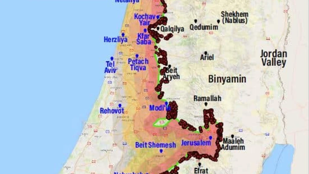 Judea and Samaria map showing illegal Arab construction along separation barrier, Jan. 8, 2024. Courtesy.