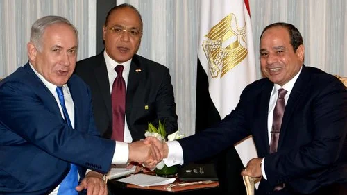 Israeli Prime Minister Benjamin Netanyahu (left) and Egyptian President Abdel Fattah El-Sisi shake hands during a meeting in New York on Sept. 18, 2017. Credit: Avi Ohayon/GPO.