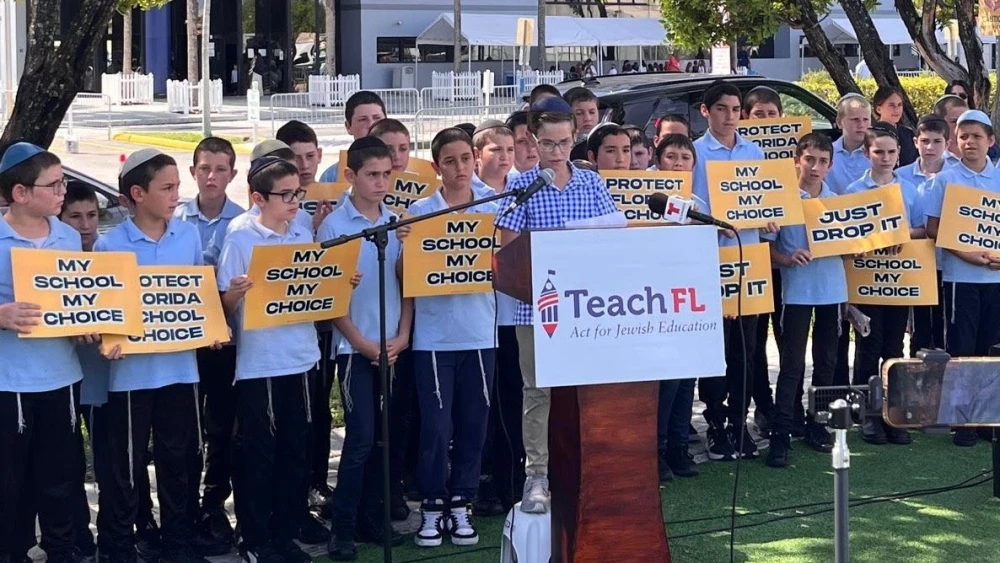 Yonah Schwartz speaks at the Teach Florida press conference at the Lubavitch Educational Center in Miami. June 11, 2026. Courtesy: Teach Florida