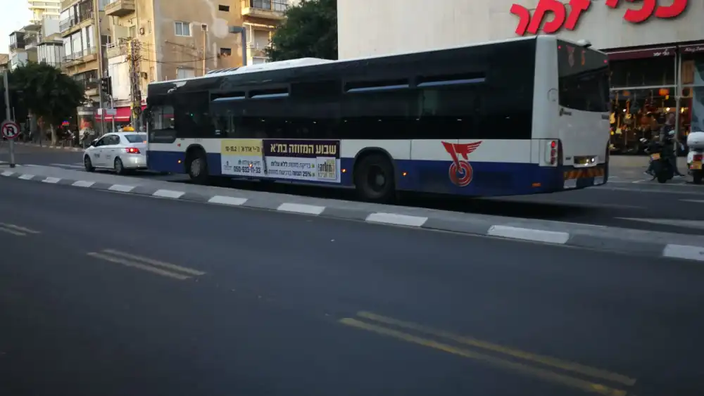 A bus in Tel Aviv with a Chabad “Mezuzah Week” campaign advertisement.