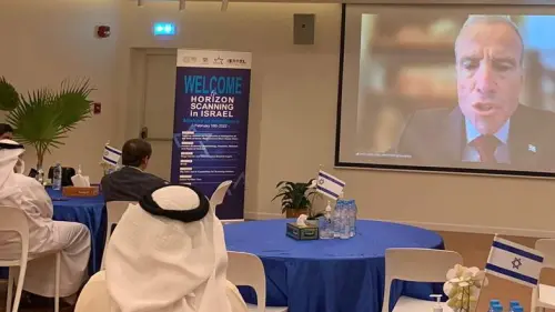 Israel’s Minister of Intelligence Elazar Stern Elazar Stern remotely addresses the Dubai Expo on the Horizon Scanning network and how it can help protect regional interests, Feb. 16, 2022. Credit: Elazar Stern/GPO.