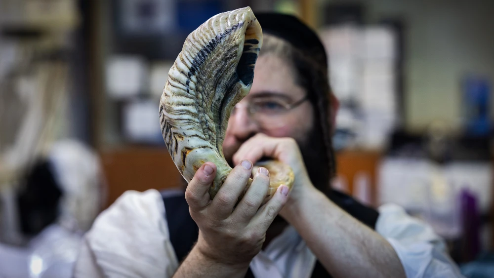 An Orthodox Jewish man tests out a shofar at a store in the Mea She'arim neighborhood of Jerusalem ahead of the Jewish holiday of Rosh Hashanah, on Sept. 15, 2025. Photo by Chaim Goldberg/Flash90.