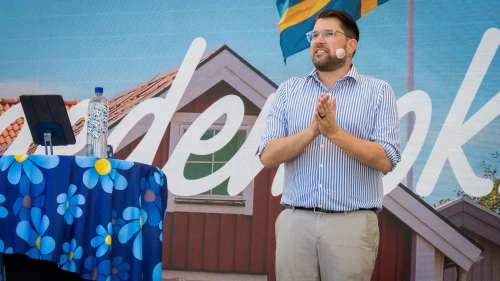 Jimmie Åkesson speaks at a rally of his Sweden Democrats party in Stockholm, Sweden on May 3, 2025. Photo Credit: Courtesy of the Sweden Democrats.