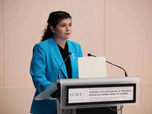Israel Deputy Foreign Minister Sharren Haskel at a conference in Paris on Monday. Credit: Laurent Pierre, November 10, 2025
