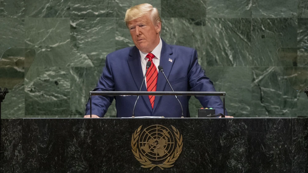 U.S. President Donald Trump addresses the annual U.N. General Assembly in New York on Sept. 24, 2019. Credit: UN Photo/Cia Pak.