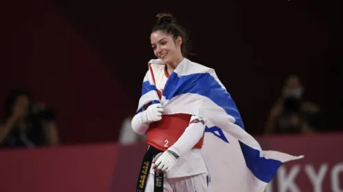 Avishag Semberg, 19, celebrates her bronze medal win at the Tokyo Summer Olympics, July 24, 2021. Photo by Amit Shissel/Israeli Olympic Committee.