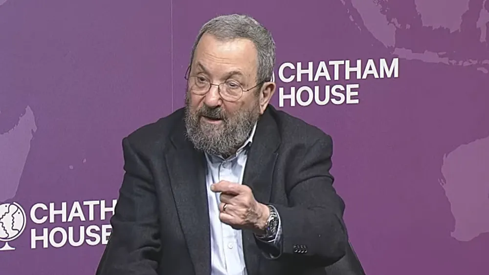 Former Israeli Prime Minister Ehud Barak addresses the Chatham House think tank in London, March 27, 2023. Source: YouTube.