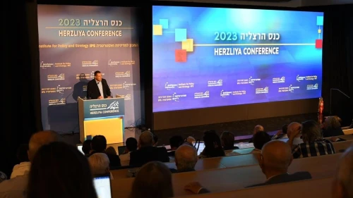Israeli Defense Ministry Director General Eyal Zamir addresses the 2023 Herzliya Conference, May 22, 2023. Credit: Ministry of Defense Spokesperson’s Office.