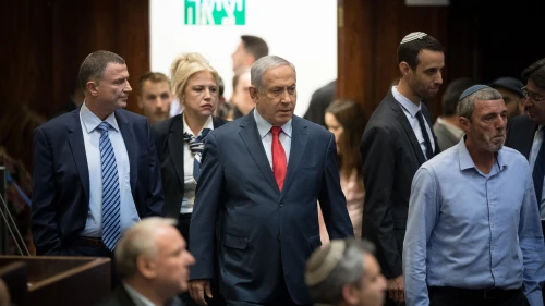 Israeli Prime Minister Benjamin Netanyahu with Israeli parliament members during a vote on a bill to dissolve the Knesset in Jerusalem on May 29, 2019. Credit: Yonatan Sindel/Flash90.