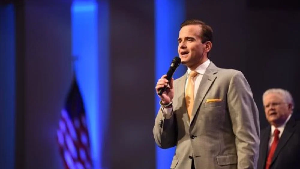 Pastor Matt Hagee speaks at San Antonio’s Cornerstone Church in August, with his father Pastor John Hagee in the background. Credit: Cornerstone Church via Facebook.