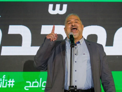 United Arab List (Ra’am) Chairman Mansour Abbas at the party’s campaign headquarters in the Arab city of Tamra in the Lower Galilee, as the results of the Israeli elections are announced, Nov. 1, 2022. Credit: Flash90.