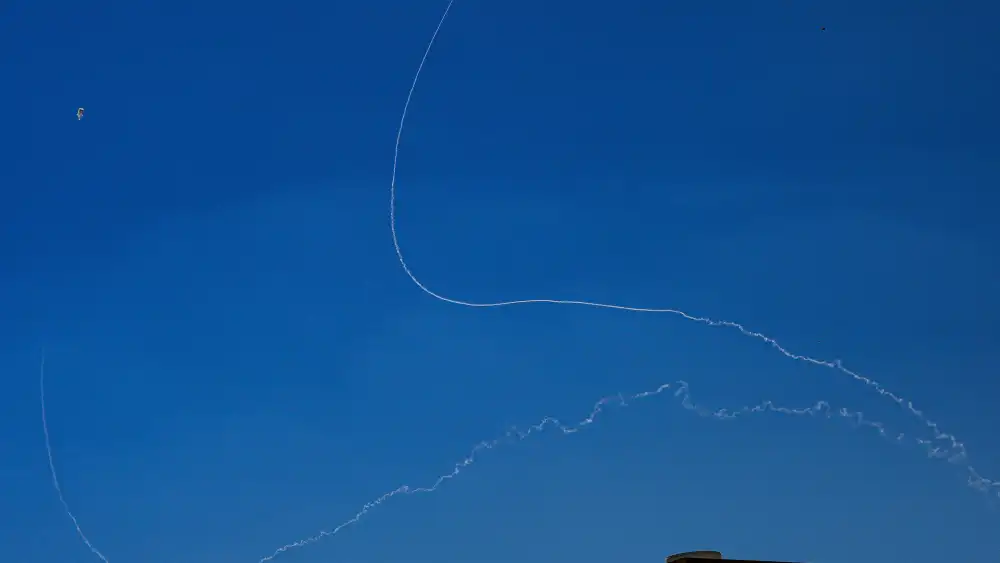 An anti-missile system fires interception missiles as rockets fired from Lebanon, near the northern Israeli city of Tzfat, early on Oct. 19, 2024. Photo by Ayal Margolin/Flash90.