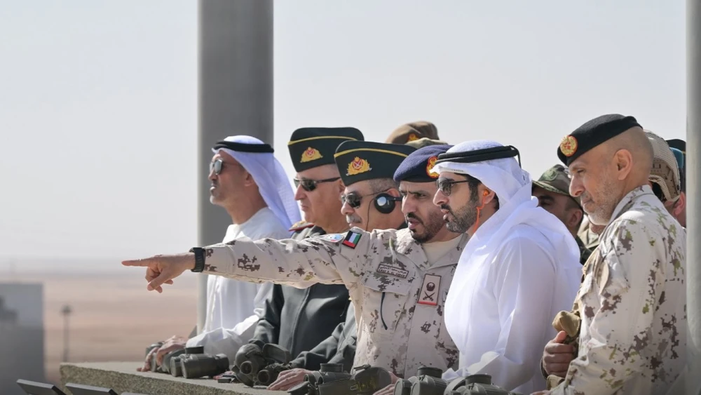 UAE Defense Minister Hamdan bin Mohammed Al Maktoum, fifth from left, observes a military exercise in the UAE on Feb. 3, 2026. Photo courtesy of the Ministry of Defense of the UAE.