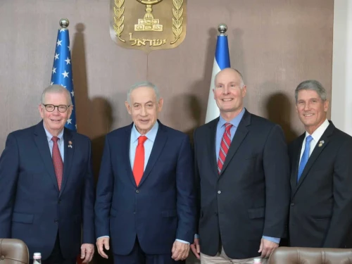 Israeli Prime Minister Benjamin Netanyahu meets with Reps. Tim Walberg (R-Mich.), John Moolenaar (R-Mich.) and Scott Franklin (R-Fla.) at the Prime Minister's Office in Jerusalem, Feb. 17, 2026. Photo by Amos Ben-Gershom/GPO.