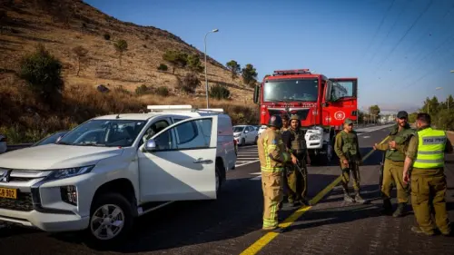 Israeli forces at the scene of an anti-tank guide missile attack from Lebanon on a vehicle near Kibbutz Yiftah, Nov. 5, 2023. Photo by David Cohen/Flash90.