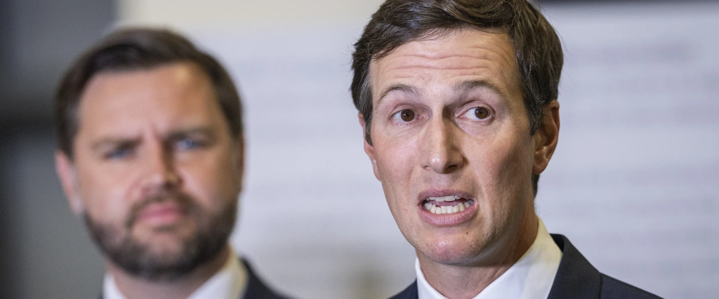 Jared Kushner delivers a statement to the media alongside U.S. Middle East Envoy Steve Witkoff and U.S. Vice President JD Vance, near Kiryat Gat, on Oct. 21, 2025. Photo by Chaim Goldberg/Flash90.