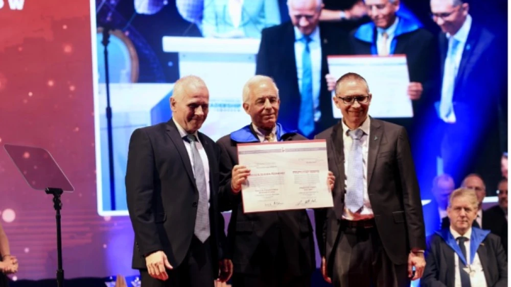 From left: Hebrew University president Asher Cohen, Jehuda Reinharz Hebrew University rector Barak Medina. Credit: Bruno Cherbit/Hebrew University.