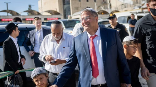 Israeli National Security Minister Itamar Ben-Gvir at an entrance to the Temple Mount before entering, in Jerusalem's Old City. Oct. 8, 2025. Photo by Chaim Goldberg/Flash90.