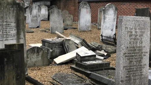 A view of the smashed headstones at the Chatham Memorial Synagogue cemetery near London, October 2019. Source: Twitter via Dalia Halpern.