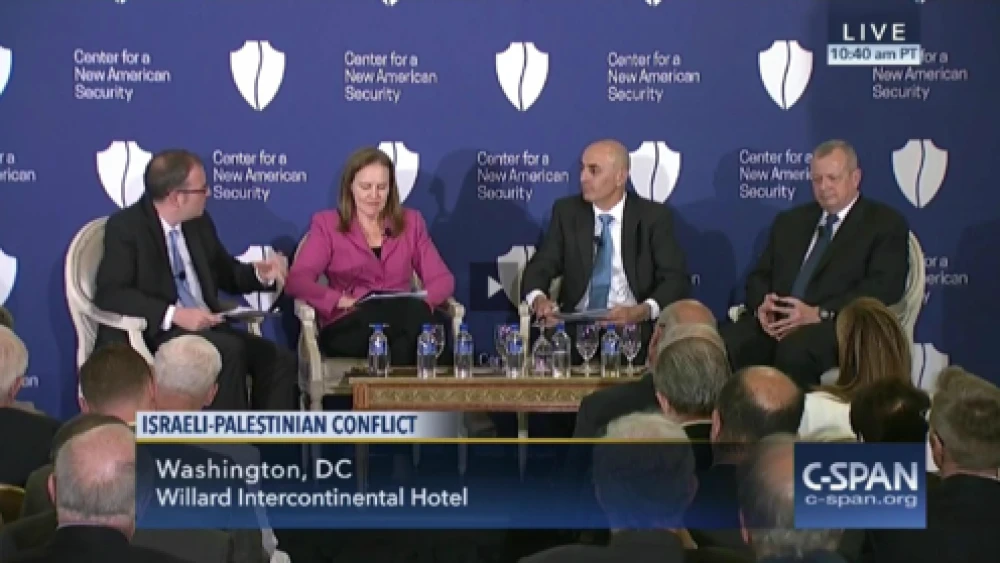 The C-SPAN network's May 31 panel discussion on the Israeli-Palestinian conflict, featuring panelists from the Center for a New American Security think tank. Credit: C-SPAN.