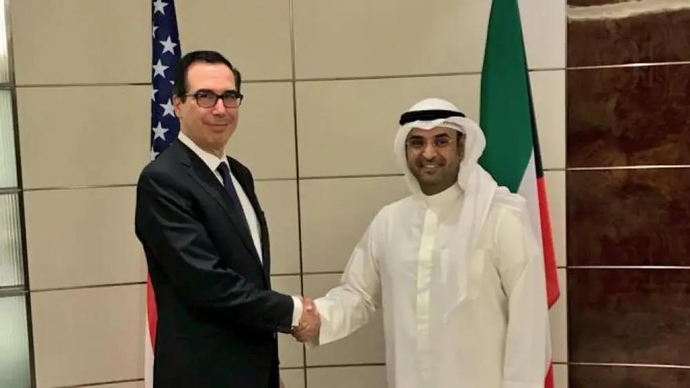 Kuwaiti Finance Minister Nayef al-Hajraf (right) meets with U.S. Treasury Secretary Steven Mnuchin in Kuwait on Oct. 26, 2018. Credit: Office of U.S. Treasury Secretary.