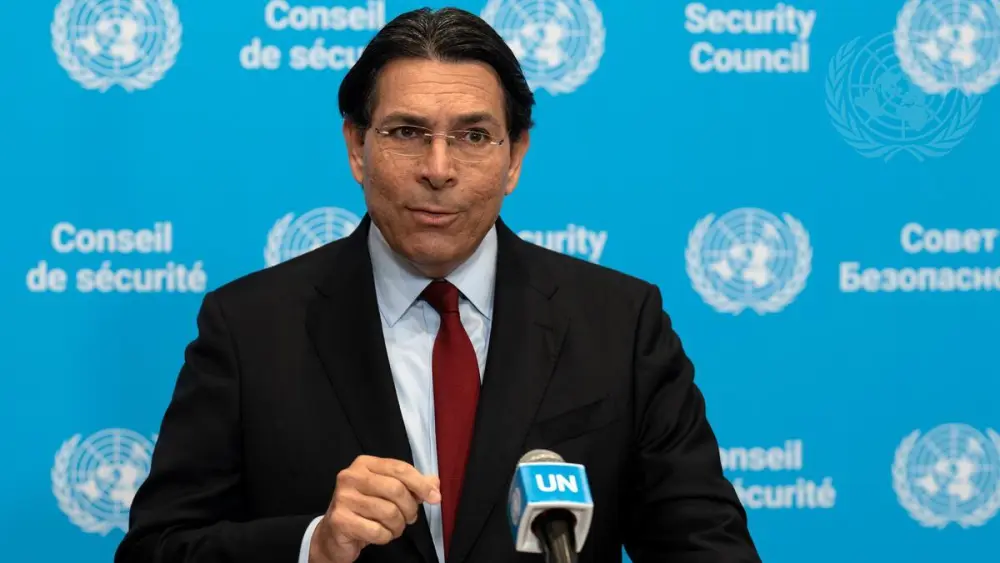 Danny Danon, Israel's ambassador to the United Nations, briefs reporters at U.N. headquarters, in New York City, July 28, 2026. Credit: Mark Garten/UN Photo.