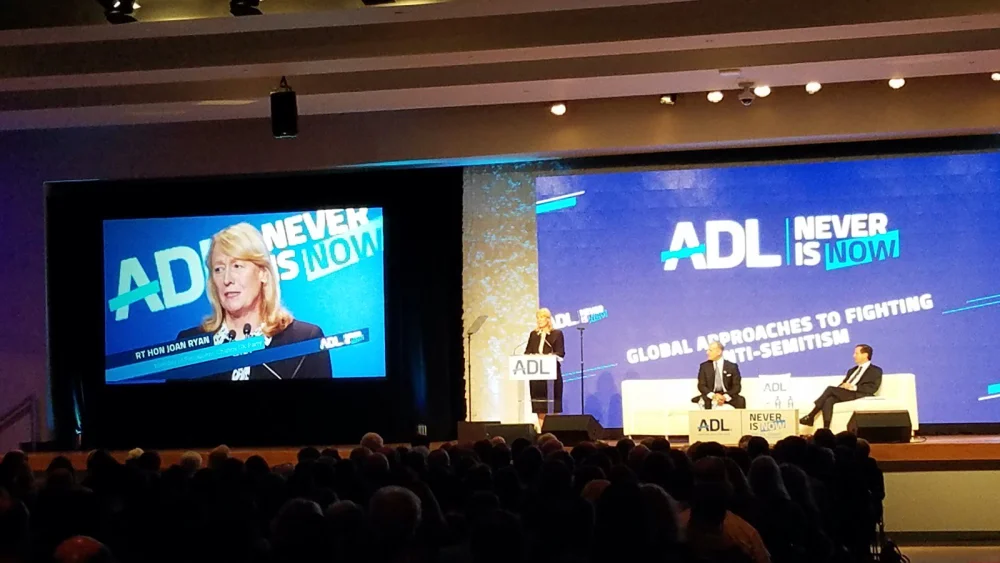 Former British Parliament member Joan Ryan addresses the Anti-Defamation League’s “Never Is Now” summit. Source: Joan Ryan via Twitter.