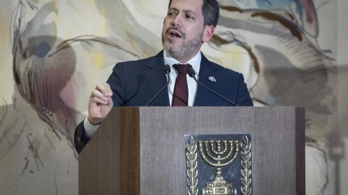 Paraguayan Chamber of Deputies President Raúl Latorre speaks during the lighting of the first Chanukah candle at the Knesset in Jerusalem, Israel, Dec. 14, 2025. Photo by Yonatan Sindel/Flash90.