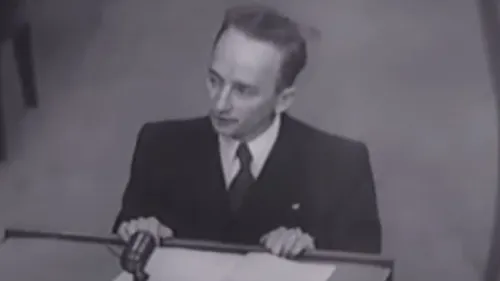 Ben Ferencz, 27, as a prosecutor at Nuremberg, Germany, 1947. Source: YouTube.