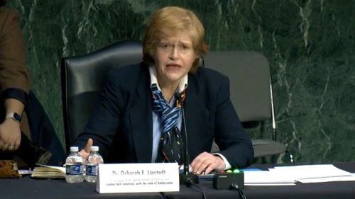 Deborah Lipstadt at her nomination hearing before U.S. Senate Foreign Relations Committee on Feb. 8, 2022. Source: Screenshot.