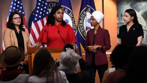 From left: Reps. Rashida Tlaib (D-Mich.), Ayanna Pressley (D-Mass.), Ilhan Omar (D-Minn.) and Alexandria Ocasio-Cortez (D-N.Y.) address U.S. President Donald Trump's remarks on Capitol Hill. Source: Screenshot.