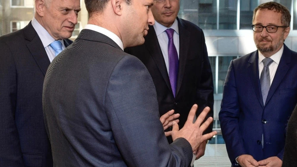 Jewish leaders gather to address growing anti-Semitism. From left: Malcolm Hoenlein, executive vice chairman/CEO, Conference of Presidents of Major American Jewish Organizations; Naftali Bennett, Israeli Minister of Diaspora Affairs and Minister of Education; Eric Goldstein, CEO, UJA-Federation; and Arthur Stark, chairman of the Conference of Presidents. Credit: Conference of Presidents of Major American Jewish Organizations.