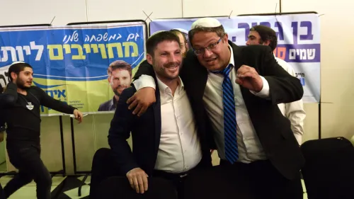 Betzalel Smotrich and Itamar Ben-Gvir attend Otzma Yehudit party's election campaign event in Bat Yam on April 06, 2019. Photo: Gili Yaari /Flash90