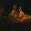 A painting by Rembrandt of King Ahasuerus and Haman at ”The Feast of Esther.” Credit: Pushkin Museum via Wikimedia Commons.