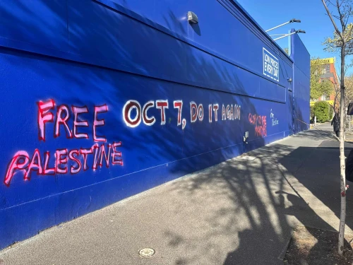 The pro-Hamas graffiti that appeared in Melbourne, Australia, Oct. 7, 2025. Credit: Amir Maimon/X.