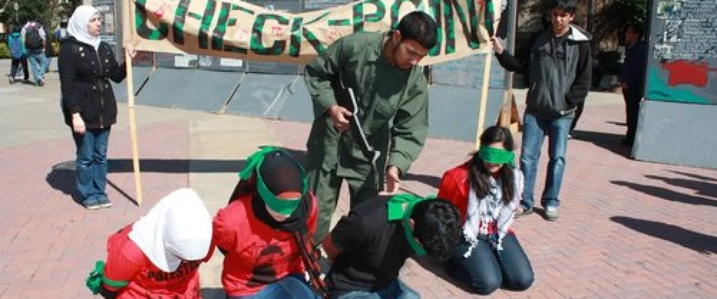 A mock checkpoint set up during “Israeli Apartheid Week,” an annual global anti-Israel initiative, at the University of California, Los Angeles. Credit: AMCHA Initiative.