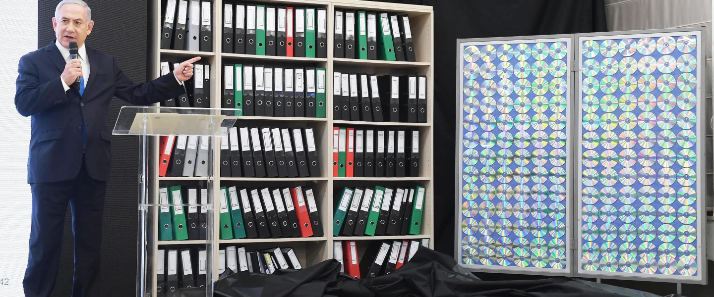 Israeli Prime Minister Benjamin Netanyahu exposes files smuggled out of Iran which Israel claims detail the Islamic Republic's illicit military nuclear program, April 30, 2018. Credit: Amos Ben-Gershom/GPO.