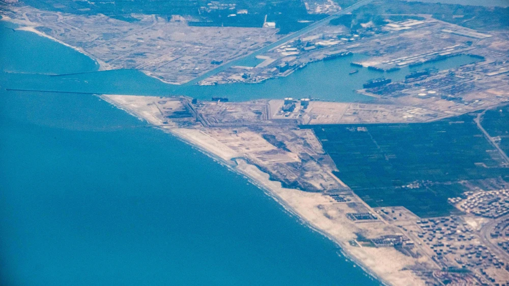 An aerial view of the port of Egypt's northern Mediterranean coastal city of Damietta, May 28, 2021. Photo by Amir Makar/AFP via Getty Images.