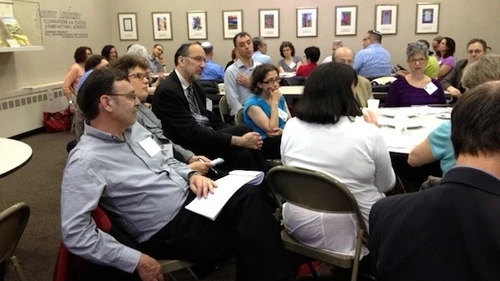 Participants at the Network for Research in Jewish Education conference discuss Consortium for Applied Studies in Jewish Education research agendas around Jewish educational leadership, Israel education and the sustainability of Jewish education, June 3, 2013. Credit: Wendy Rosov.