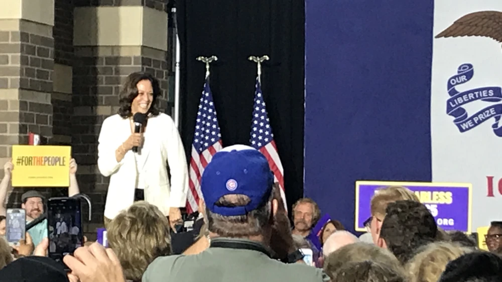 The 2020 Democratic presidential candidate Sen. Kamala Harris (D-Calif.) addresses the crowd at the RiverCenter Adler Theatre in Davenport, Iowa. Credit: Jackson Richman/JNS.