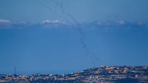 Smoke trails from missiles fired by Hezbollah terrorists toward Israel are seen over Southern Lebanon, March 8, 2026. Photo by Ayal Margolin/Flash90.