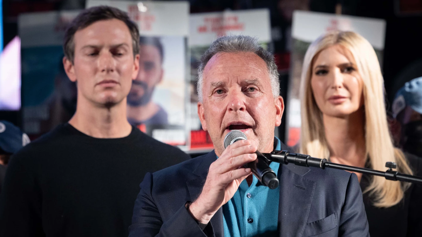 U.S. Mideast envoy Steve Witkoff speaks at the celebretory rally at Hostages Square in Tel Aviv, Oct. 11, 2025. Photo by Chaim Goldberg/Flash90.