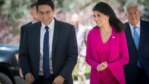 Then-Israeli Ambassador to the U.N. Danny Danon walks with then-U.S. envoy Nikki Haley as she arrives at the President’s Residence in Jerusalem, June 7, 2017. Photo Yonatan Sindel/Flash90.