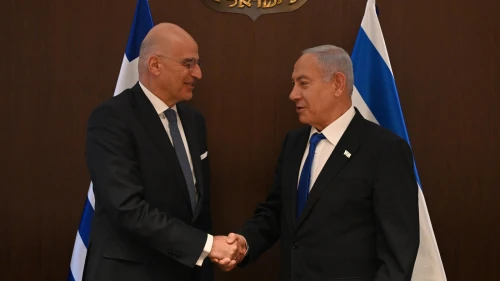 Israeli Prime Minister Benjamin Netanyahu meets with Greek Foreign Minister Nikos Dendias in Jerusalem, Israel, Jan. 31, 2023. Credit: Haim Zach/GPO.