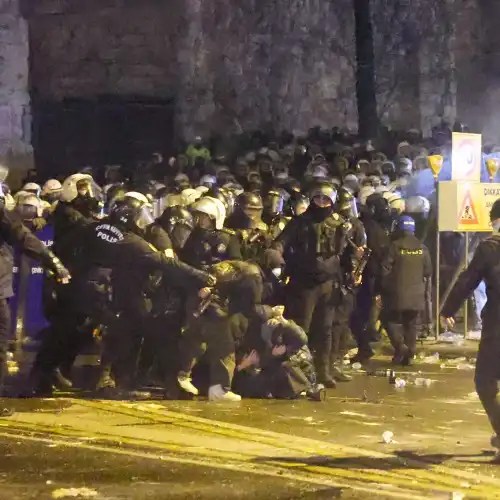 Police confront protesters as thousands of people demonstrate in front of the Istanbul Metropolitan Municipality in Sarachane Square against the arrest of Mayor Ekrem İmamoğlu, March 21, 2025. Photo by Sercan Ozkurnazli/dia images via Getty Images.