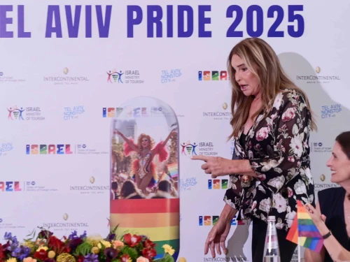 Caitlyn Jenner, who was born as Bruce Jenner, holds a press conference ahead of the annual Tel Aviv Pride Parade, June 11, 2025. Photo by Avshalom Sassoni/Flash90.