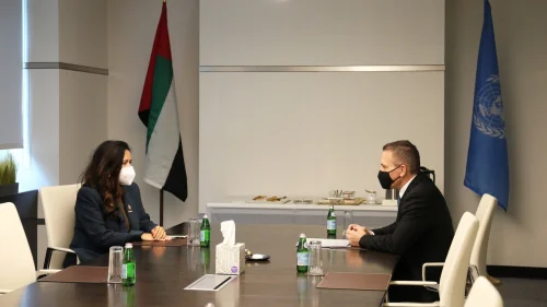 Israeli Ambassador to the United Nations Gilad Erdan (right) meets with United Arab Emirates Ambassador to the United Nations Lana Nusseibeh at the UAE Mission on Sept. 23, 2020. Credit: UAE Mission to U.N./Twitter.